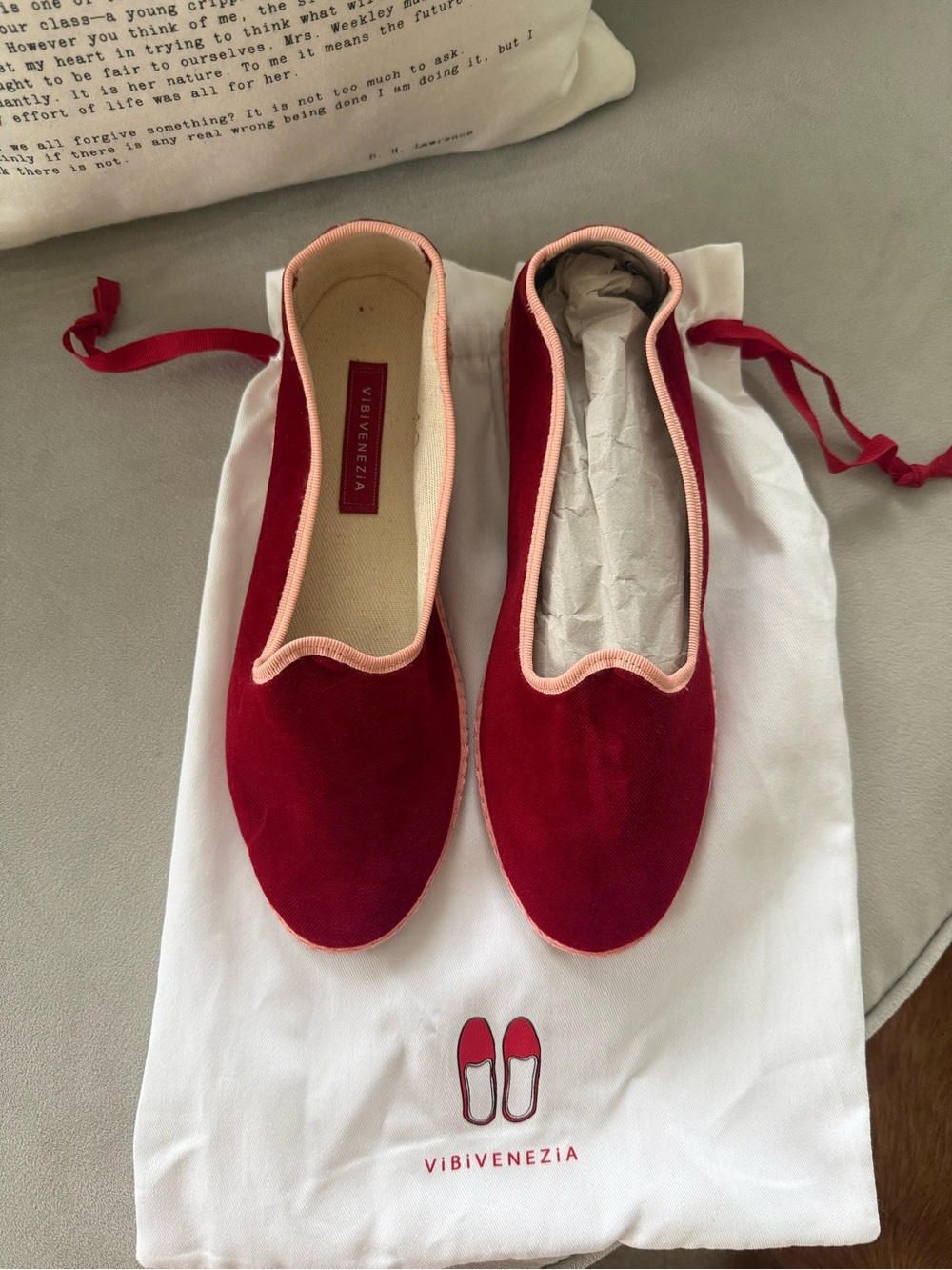 New Venezia Red Velvet Ballet Flats with Pink Trim 40